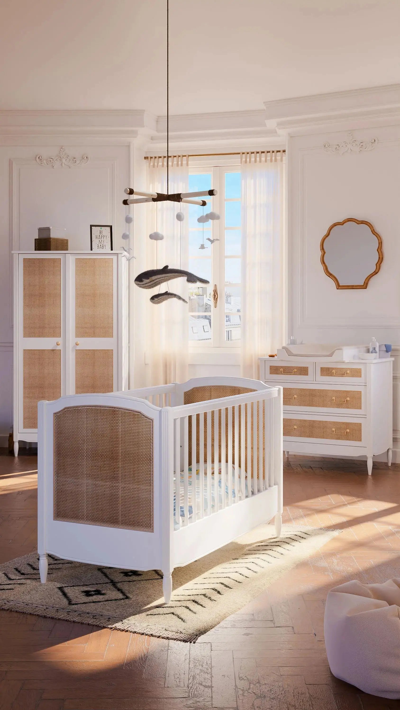 Lit Hermione style Louis XVI en rotin & bois massif coloris Neige Théo