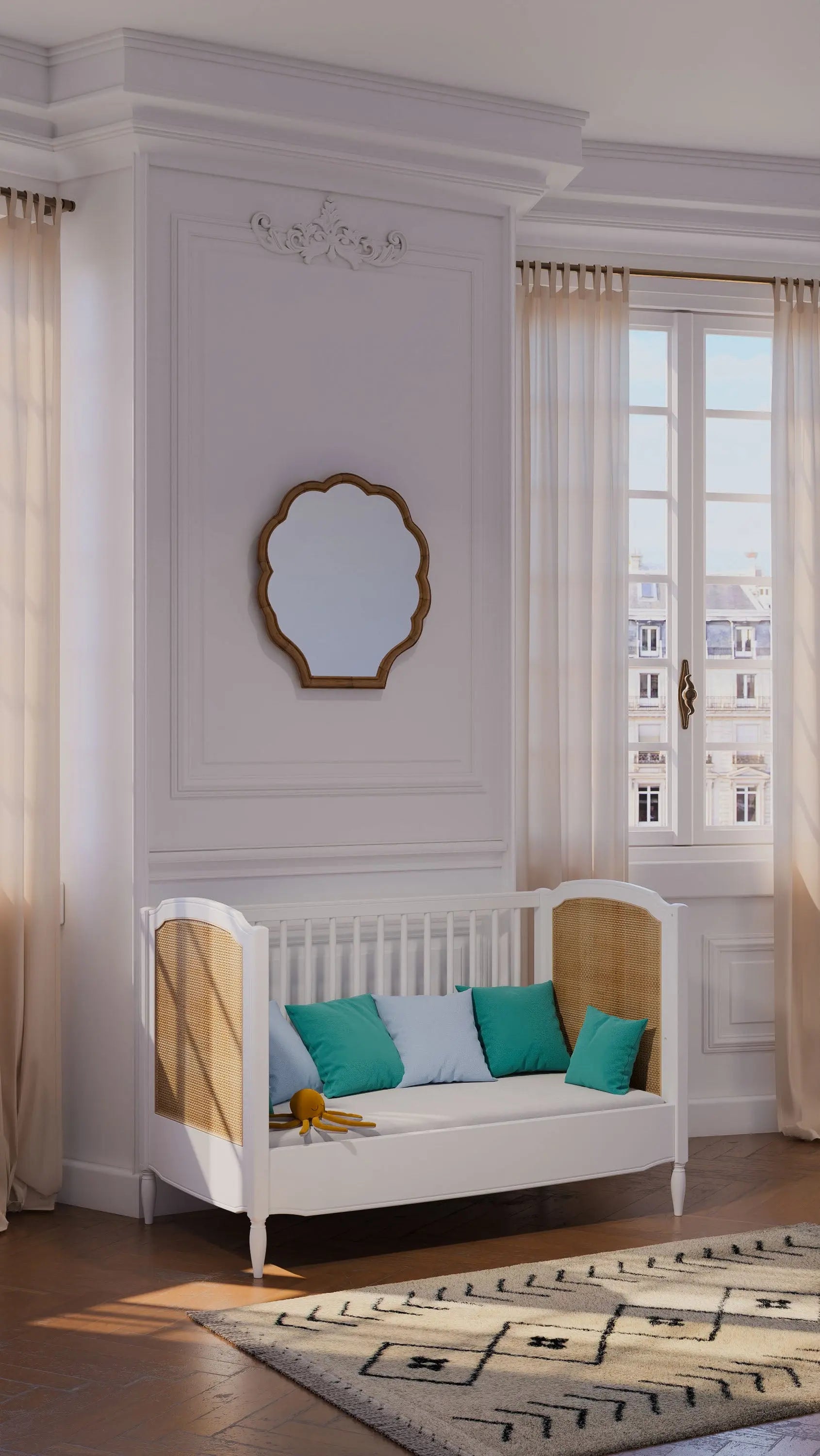 Lit Hermione style Louis XVI en rotin & bois massif coloris Neige Théo