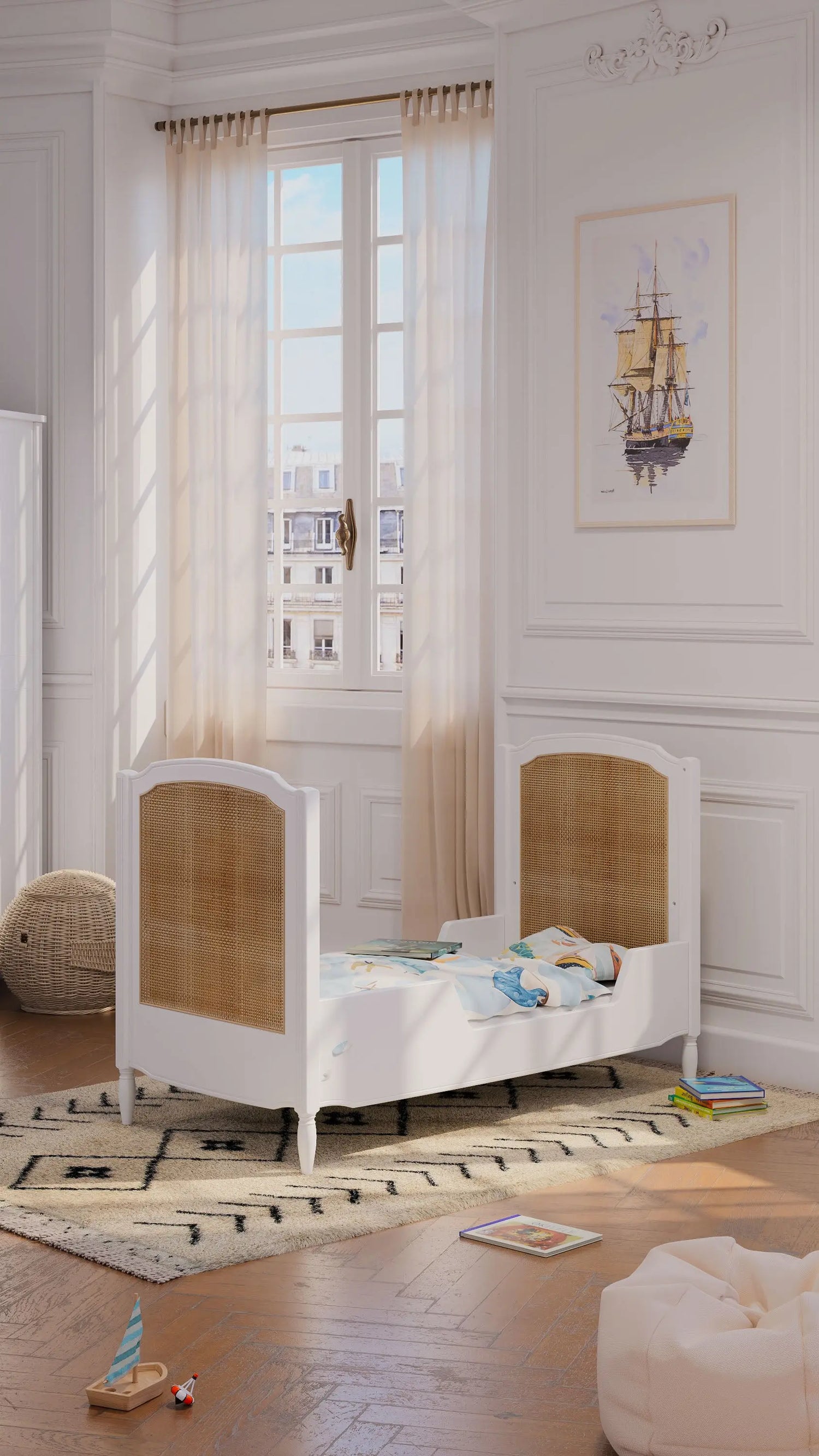 Lit Hermione style Louis XVI en rotin & bois massif coloris Neige Théo