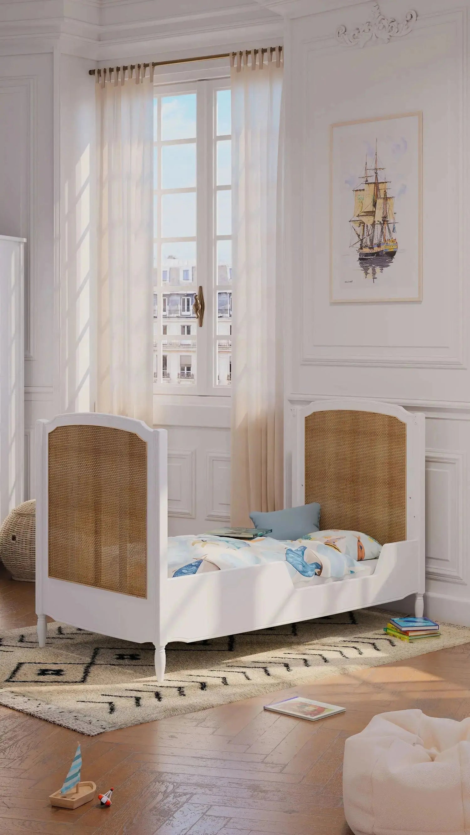 Lit Hermione style Louis XVI en rotin & bois massif coloris Neige Théo